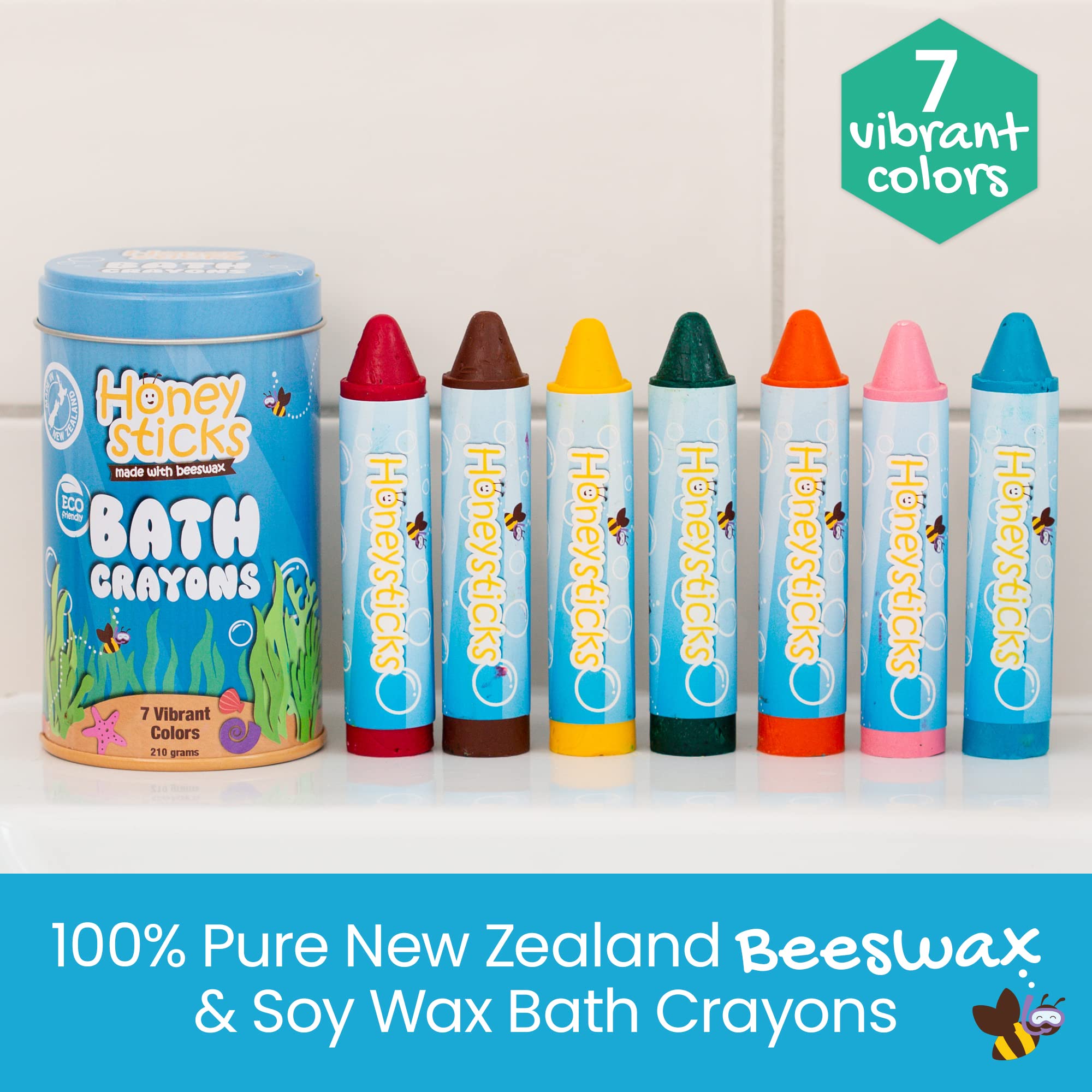 Honeysticks Bath Crayons for Toddlers & Kids - Handmade from Natural Beeswax for Non Toxic Bathtub Fun - Fragrance Free, Non-Irritating Bath Toys - Bright Colors and Easy to Hold - Washable - 7 Pack