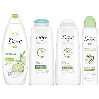 Dove Hair and Skin Care Regimen Pack Cool Moisture For Soft Skin and Clean Hair Includes 2 Hair and 2 Skin Care Products 4 Count