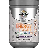 Sport Organic Plant Based Energy + Focus Clean Pre Workout Powder, with 85mg Caffeine, Natural No Booster, B12, Vegan, Gluten Free, Non-GMO, Blackberry, 15.3 Oz