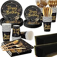 352 Pcs Happy Birthday Party Supplies Disposable Dinnerware Set Include 100 Plates 50 Cups 50 Napkins 150 Plastic Forks Knives Spoons 2 Disposable Tablecloth to Serve 50 Guests (Black and Gold)