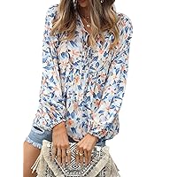 PRETTYGARDEN Women's Floral Ruffled Tunic Blouse Tie V Neck Casual Long Sleeve Babydoll Peplum Tops