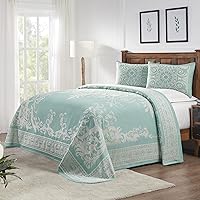 SUPERIOR Cotton Blend 3-Piece Bedspread Set, Oversized Bedspread, 2 Matching Pillow Shams, Light Weight Blanket, Jacquard Traditional Medallion Bedding Decor, Adalie Collection, King, Turquoise