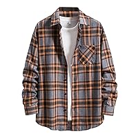 Men's Cotton Plaid Shirts Jacket Printing Lightweight Breathable Long Sleeve Lapel formal Fleece Lined Flannel