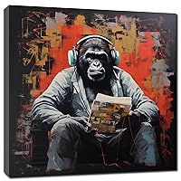 Black Chimpanzee Canvas Wall Art/Cute Animals Listening Music and Learning/Abstract Wall Pictures for Teens Girl Women Living Room Bedroom Decoration/Framed Painting 12x12inch Reday to Hang