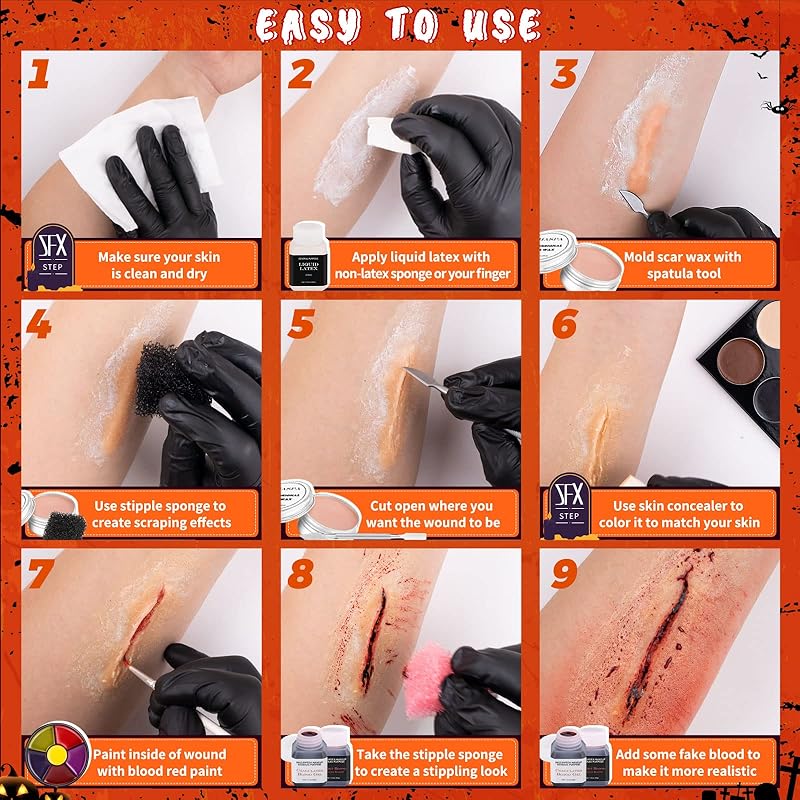 CHASPA Halloween Liquid Latex Special Effects SFX Makeup Kit - Scar Wax + 2  Btl Liquid Latex + 2 Btl Fake Blood + Spatula Tool + 2Pcs Stipple Sponge +