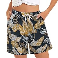Women's Casual Shorts Summer Comfy Beach Shorts Elastic Waist Floral Print with 2 Pockets