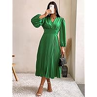 Fall Dresses for Women 2022 Surplice Neck Lantern Sleeve Pleated Hem Dress (Color : Green, Size : Small)