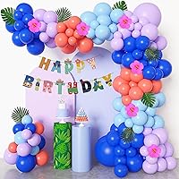 131Pcs Stich Balloons Birthday Party Decorations Garland Arch Kit, Blue Purple Balloon Happy Birthday Banner Palm Leaves Flower for Kids Stich Birthday Baby Shower Hawaii Tropical Party Supplies