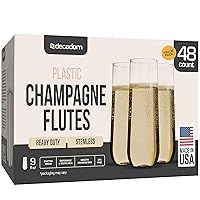 Clear Champagne Flutes Disposable 48 Pack - 9oz Plastic Champagne Glasses - Stemless Champagne Flutes For Prosecco - Durable and Sturdy Mimosa Glasses For Parties