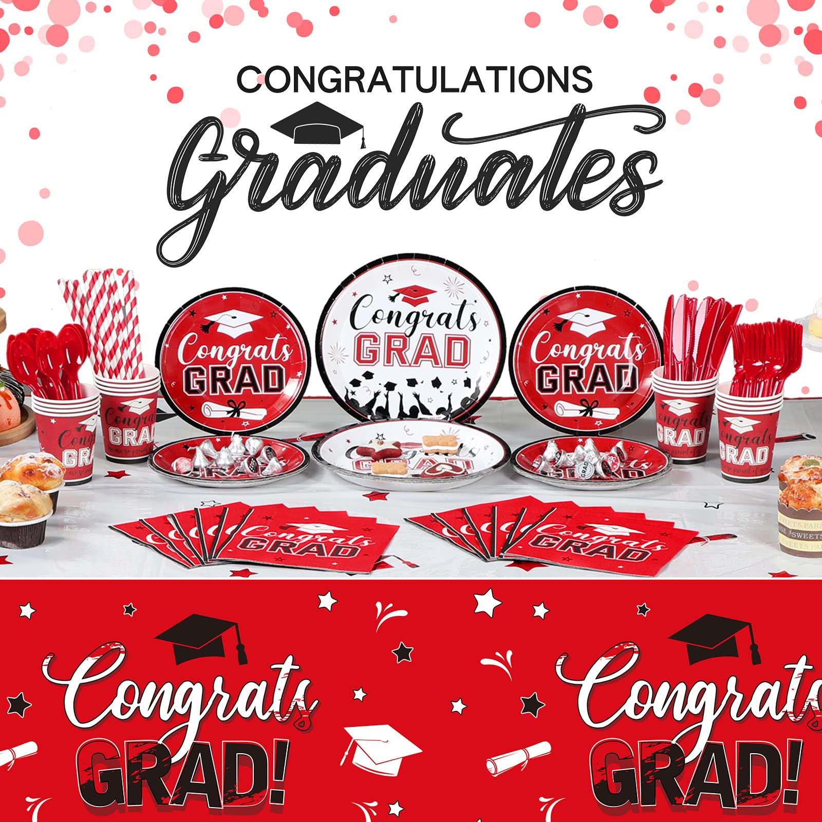193 Pcs Graduation Party Supplies Set Grad Decoration Congrats Class of 2023 Graduation Tablecloth and Cups Plates Napkins Silverware for Event Celebration Party Supply, Serves 24 (Red and White)