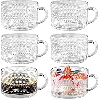 Set of 6 Vintage Glass Coffee Mugs, 15 Oz Embossed Glass Tea Cups with Handle, Clear Glass Cups Embossed Glass Coffee Cups for Latte, Espresso, Cappuccino, Cereal, Yogurt, Tea and Hot Beverage