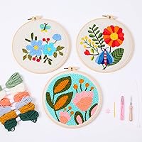 Harimau 3 Pack Embroidery Starter Kits for Beginner Kids,punch needle Fabric with Pattern,Threader, Yarns,Pinch Needle and Embroidery Hoops for Rug-Punch