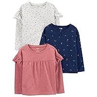 Simple Joys by Carter's Girls' 3-Pack Long Sleeve Shirts, Blush/Grey Dots/Navy Flowers, 7