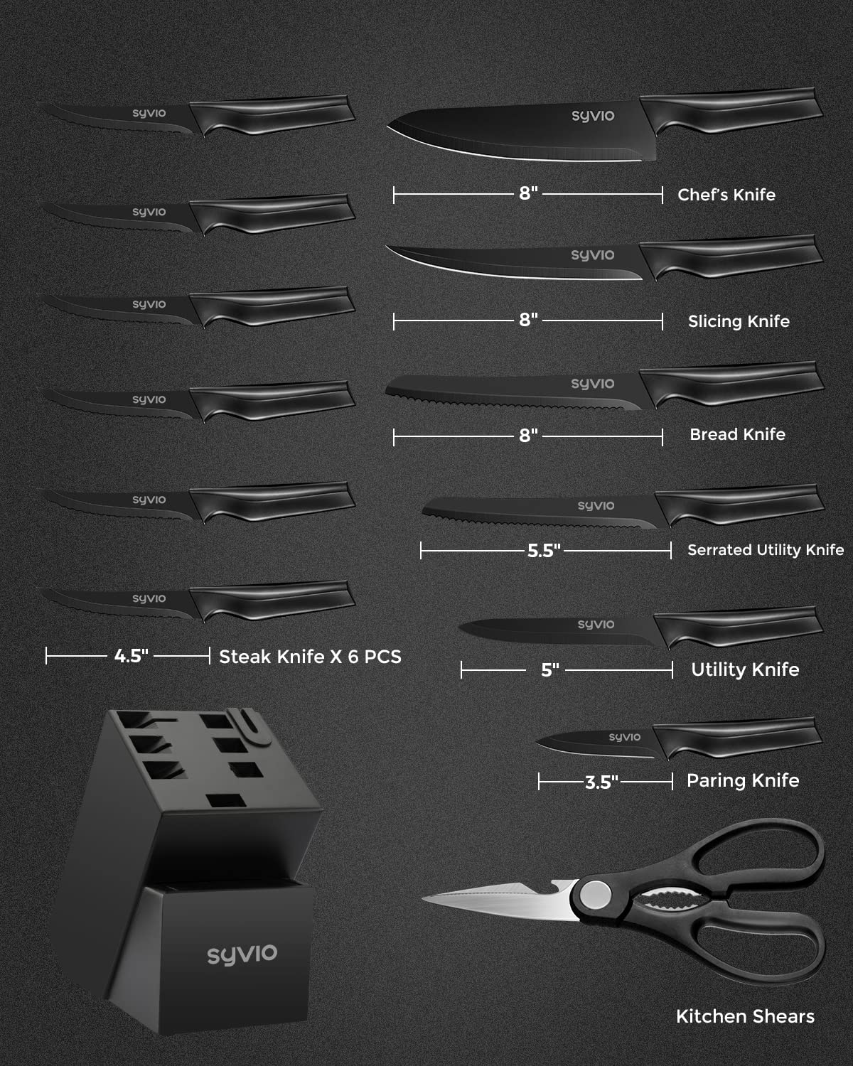 syvio Knife Sets for Kitchen with Block, 14 Piece with Built-in Sharpener for Chopping, Slicing, Dicing&Cutting