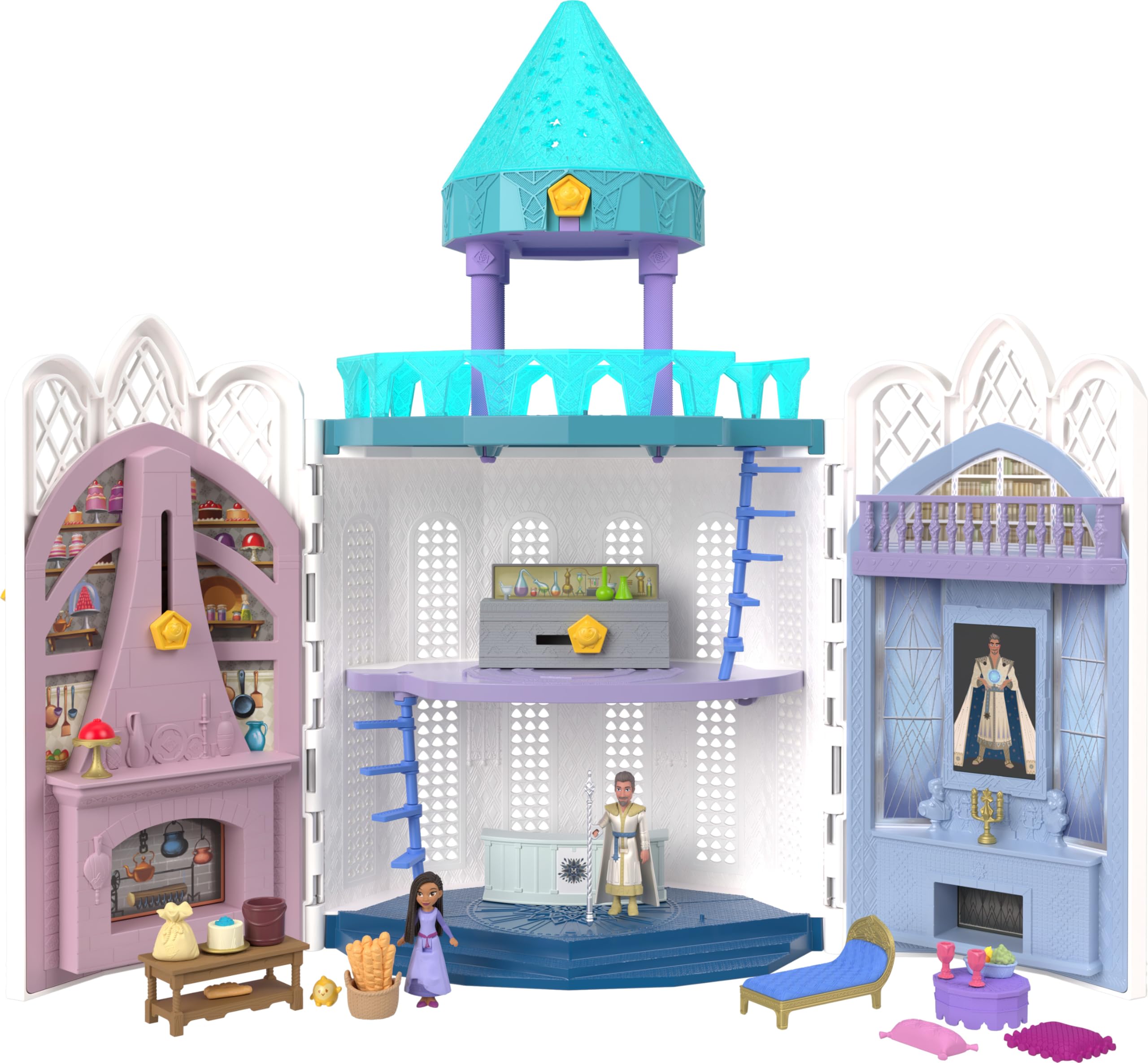 Mattel Disney's Wish Rosas Castle Dollhouse Playset with 2 Posable Mini Dolls, Star Figure, 20 Accessories, Light-Up Projection Dome & More