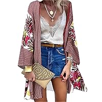 Floral Bohemian Print Kimono Cardigan for Women Summer Travel Vacation Casual Loose Open Front Cover Up Boho Top