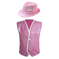 ACSUSS Kids Boys Dance Hip-hop Jazz Disco Costume Metallic Jacket Vest Waistcoat and Hat Children's Day Halloween Cosplay