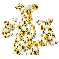 PopReal Mommy and Me Dresses Floral Printed Chiffon Bowknot Ruffles Short Sleeve Beach Mom Daughter Matching Outfits