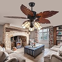 52'' Tropical Ceiling Fan with Remote Palm Wooden Leaf Ceiling Fan with 5 Glass Lampshade and Hand-Carved Reversible Blades for Indoor/Outdoor Living Room Bedroom Kitchen by Akronfire