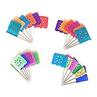 Set of 24 Pcs Multi-Colored Mini Mexican Paper Papel Picado Tissue Banner Flags Banderita s Fiesta Party Decorations Cupcake Topper Party Banderines Flower Design