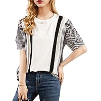 LAI MENG FIVE CATS Women's 2024 Casual Patchwork Shirt Long Sleeve Pullover Round Neck Blouse Tops