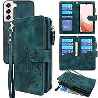 for Samsung Galaxy S22 Case [12 Card Slots] ID Credit Cash Holder Zipper Pocket Detachable Magnet Leather Wallet Cover Wrist Strap Lanyard Carrying Pouch(Floral Cyan)