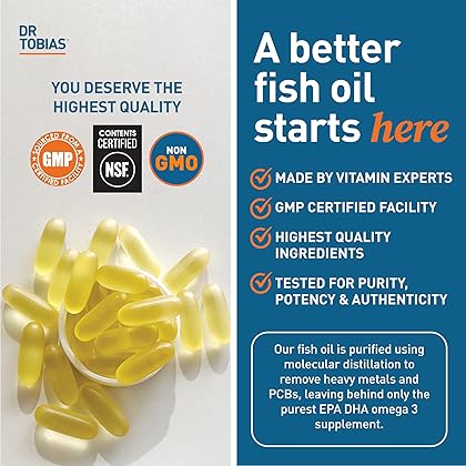 Dr. Tobias Omega 3 Fish Oil, 800 mg EPA 600 mg DHA Omega 3 Supplement for Heart, Brain & Immune Support, Absorbable Triple Strength Fish Oil Supplements - 2000 mg Per Serving, 180 Softgels, 90 Servings