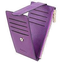 Leatherboss Genuine Leather Women's All in One Credit Business Card Case Holder Slim Zipper Wallet with A Card Protection Strap, Purple