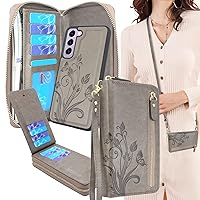 Lacass for Samsung Galaxy S23 5G 6.1 inch 2023 Crossbody Dual Zipper Detachable Magnetic Leather Wallet Case Cover Wristlets Wrist Strap 13 Card Slots Money Pocket (Floral Gray)