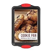 Nonstick Cookie Sheet Pan Carbon Steel Oven Tray Sheet Pan with Red Silicone Handles -Small Bakeware Pan Tray with Gray Coating Inside & Outside
