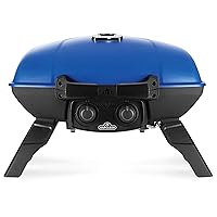 TravelQ 285 Portable Gas BBQ Grill, Propane, Blue Lid - TQ285-BL-1 – Two Burners, Cast Iron Cooking Grids, Ideal for Camping & Tailgating