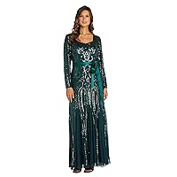 R&M Richards Womens Long Sleeve Sequined Evening Gown with Satin tie