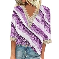 Women's Summer Tops Shirt Blouse Casual Loose 3/4 Sleeve Lace Print V Neck Tops Tops T-Shirts Tee, S-3XL