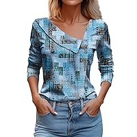 Women's Work Blouses Casual Fashion Printed Long Sleeve Lapel V Neck Button Pullover Top Dress Blouses, S-3XL