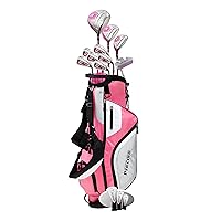 Precise M5 Ladies Womens Complete Right Handed Golf Clubs Set Includes Titanium Driver, S.S. Fairway, S.S. Hybrid, S.S. 5-PW Irons, Putter, Stand Bag, 3 H/C's Pink (Pink, Right Hand Tall Size +1