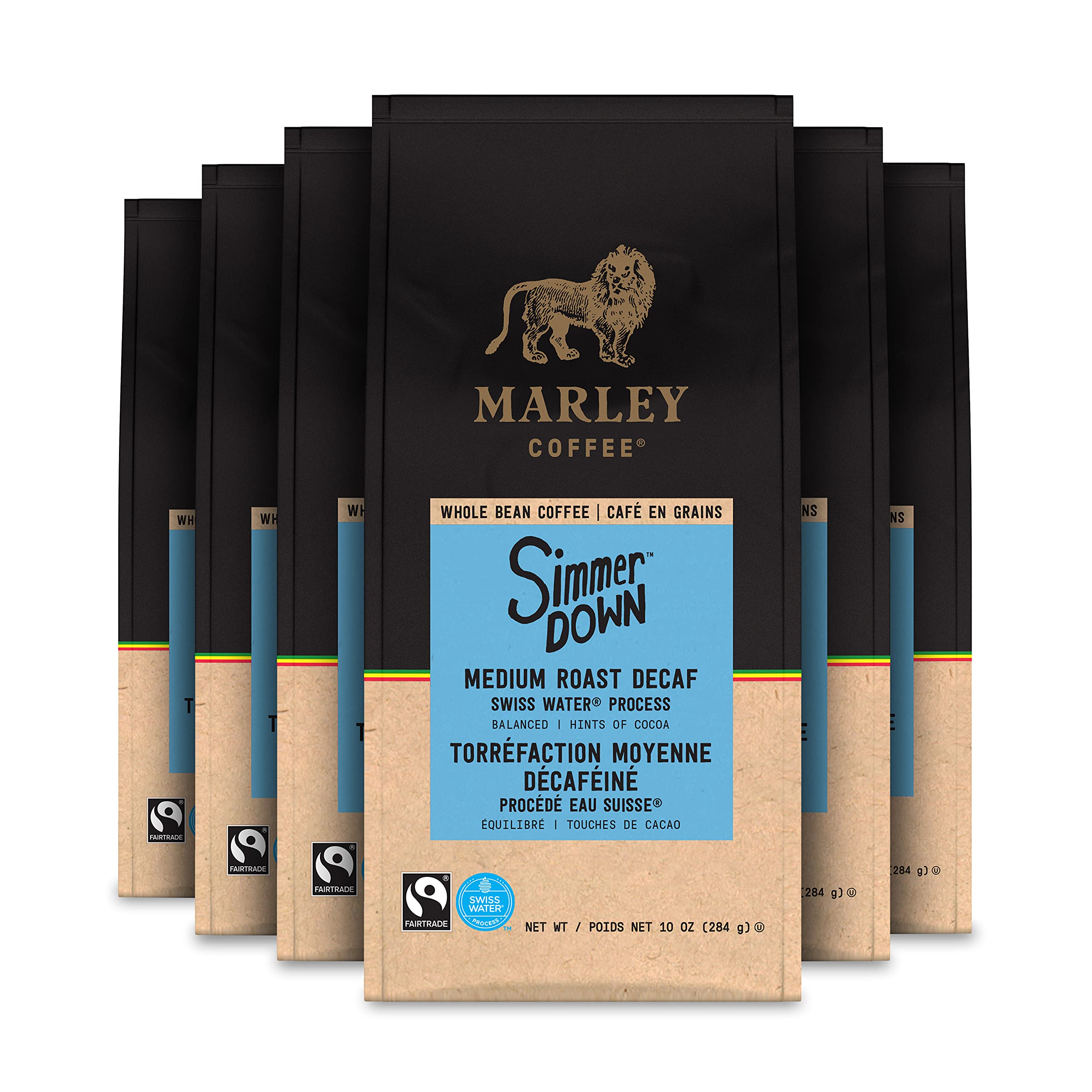 Marley Coffee Simmer Down Decaf, Swiss Water Process, Medium Roast, Whole Bean Coffee, 10 Ounce (Pack of 6)