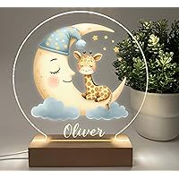 Baby Giraffe and Sleepy Moon Night Light, Desk or Table Lamp, Illustrated Gift for Mom, Dad, Brother, Friend, Sister, Nursery Room Decor, a Cool Fun Personalized Present Handcrafted in America.