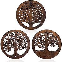 3 Pcs Life Tree Wooden Trivets Round Plates Pots Holder Heat Resistant Wooden Tree Trivet Hot Pan Holder for Mother's Day Counter Kitchen Hot Tea Dishes Dining Table 8 Inch(Brown)