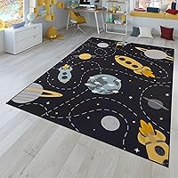 Paco Home Kids Rug Space Play Mat with Rockets Planets and Stars in Gold Black, Size: 5'3