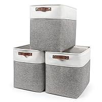 Large Fabric Storage Baskets | 50L Storage Bins, Decorative Linen Closet Baskets with Handles for Organizing, Shelf, Toys, Clothes, Home, Office, Nursery, 17x12x15Inches (Grey&White)