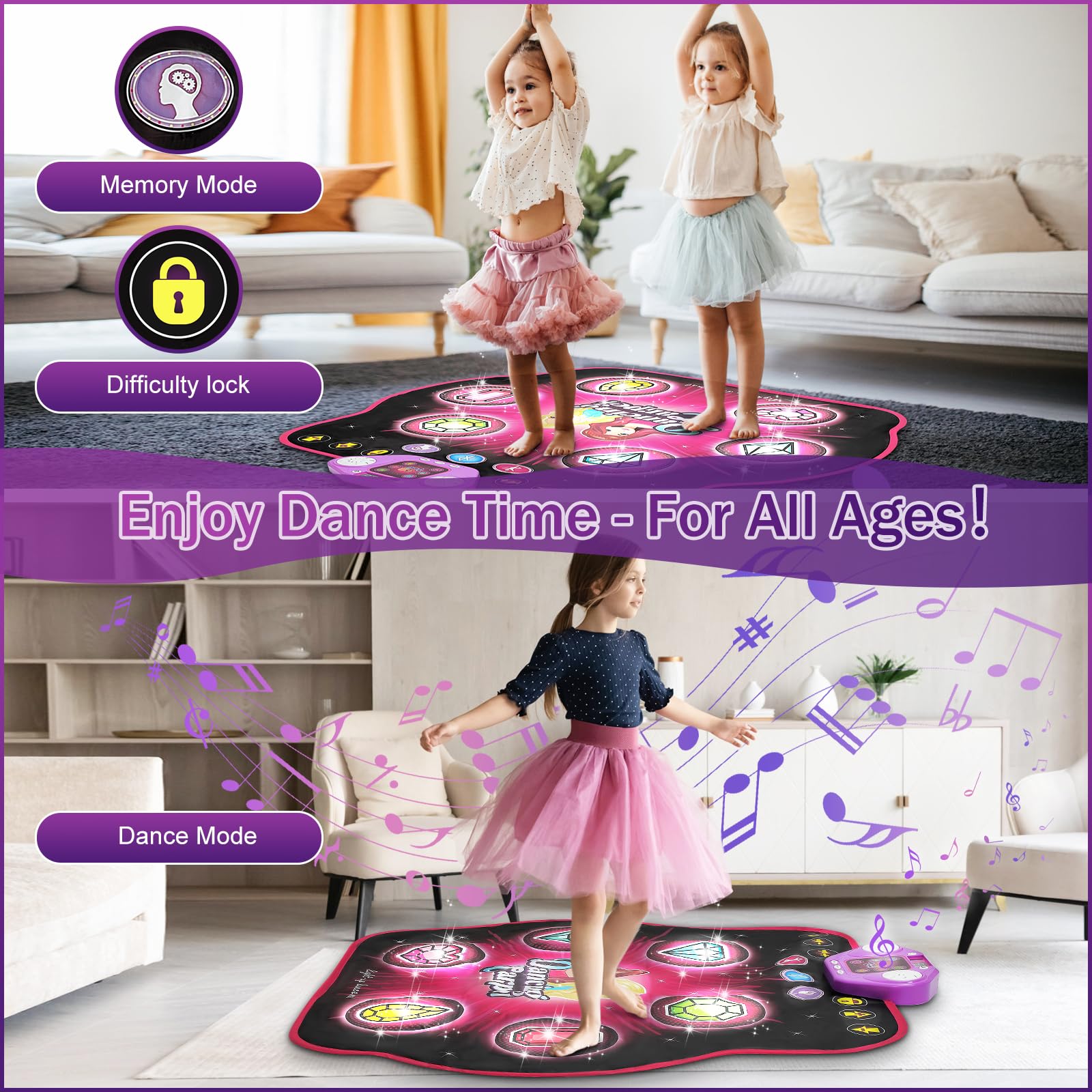 VATOS Dance Mat for Kids - Light Up Dance Pad 27 Levels Dance Challenge Game Mat, with Wireless Bluetooth|Difficulty lock|5 Game Modes|Built in Music, Boys & Girls Toys Ages 3 4 5 6 7 8 Year Old Gifts