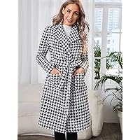 Women's Jackets Houndstooth Pattern Double Pocket Belted Tweed Overcoat Women Jackets (Color : Black and White, Size : Small)