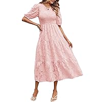 Women's 2024 Summer Puff Sleeve Smocked Floral Dress Crewneck Lace Flowy Tiered Midi Dresses