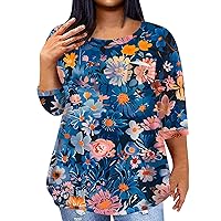 Women's Plus Size Blouses Plus Size Tops for Women Bohemian Print Casual Loose Fit Pretty with 3/4 Sleeve Round Neck Pockets Shirts Royal Blue 4X-Large