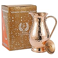 Pure Copper Pitcher with a Lid, Large Size Solid Copper Handcrafted Copper Water Hammered Jug, Capacity 70 Oz/2000ml, Copper Carafe For Home, Hotels & Gifting