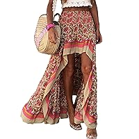 BTFBM Women 2024 Summer Spring Boho Long Skirts Dress Floral Print Elastic Waist Split Ruffle High Low Beach Maxi Skirt