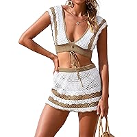 MEROKEETY Women's Crochet Cover Ups Set Short Sleeve V Neck Hollow Out 2 Piece Swimsuit Coverup