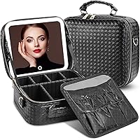 Travel Makeup Bag with Led Mirror, Makeup Organizer Cosmetic Train Case, PU Leather Makeup Case with 3 Light Modes & Dimmable Touch Control, Portable Make Up Box Water-Resistant (Black)