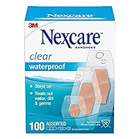 Nexcare Waterproof Bandages, Stays on in the Pool, Holds for 12 Hours, Clear Bandages for Fingers and Elbows - 100 Pack Waterproof Bandages