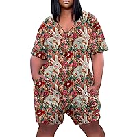 Plus Size Jumpsuits Ladies Easter Print 2024 Short Sleeve Loose V Neck Summer Dressy Wide Rompers Casual With Pockets